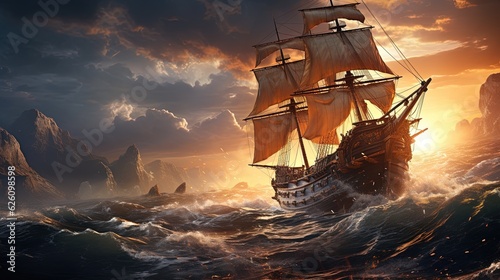 ancient maritime adventure, digital art illustration