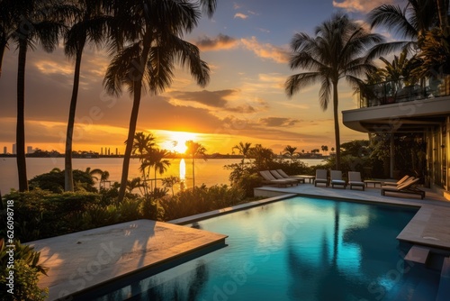 Una mansi�n espa�ola, un cielo al atardecer y una gran piscina perfecta para nadar. Miami, Florida. © 2rogan