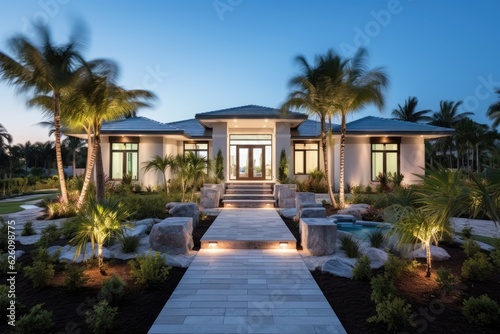 This stunning newly built Florida house boasts exquisite palm trees and a beautifully designed landscaped garden close to the beach. It has the potential to serve as an excellent vacation rental © 2rogan