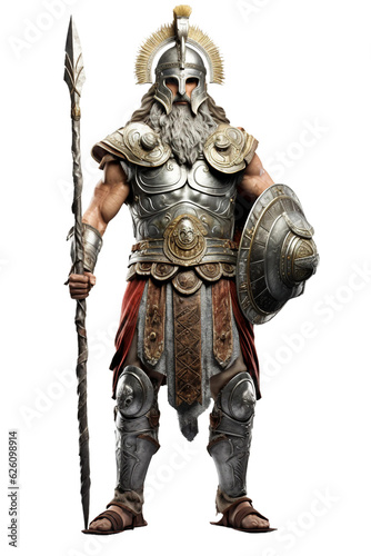 Mythical Greek god with helmet and armor full body. isolated object, transparent background
