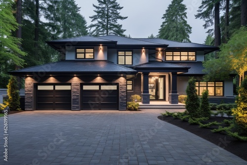 This is a large, deluxe home that has been specifically constructed with a spacious garage featuring double doors. It is situated in a residential area within the suburbs of Vancouver, specifically in
