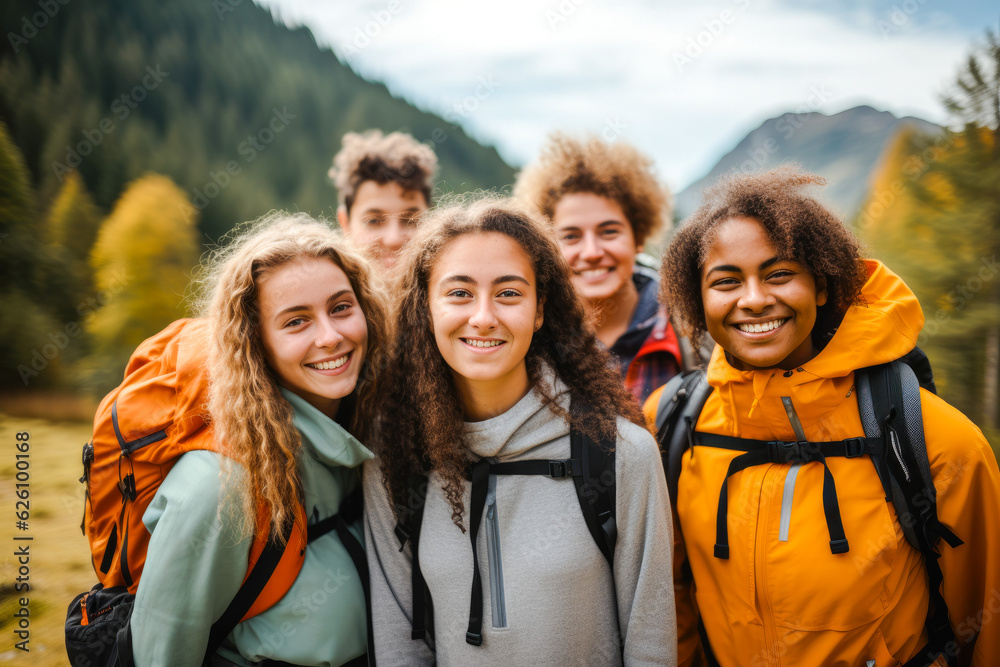Diverse group of teenagers hiking and enjoying nature, a group of young friends exploring the great outdoors, embracing an active lifestyle in nature Diverse group of teenagers hiking and enjoying nature, a group of young friends exploring the great outdoors, embracing an active lifestyle in nature