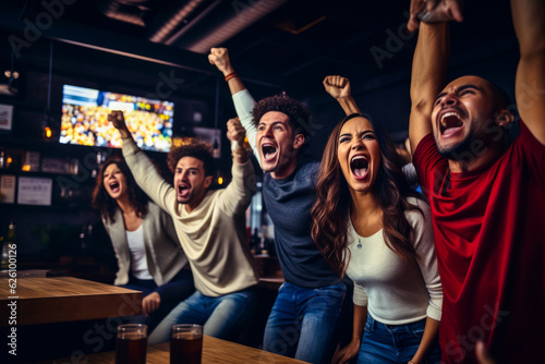A group of friends cheering while watching sports on television, sharing excitement and joy for sports events