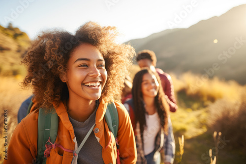 Diverse group of teenagers hiking and enjoying nature, a group of young friends exploring the great outdoors, embracing an active lifestyle in nature