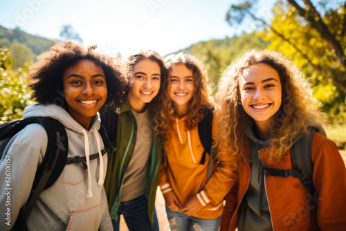 Diverse group of teenagers hiking and enjoying nature, a group of young friends exploring the great outdoors, embracing an active lifestyle in nature