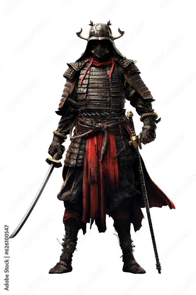 Samurai with kabuto helmet holding a naginata. isolated object, transparent background