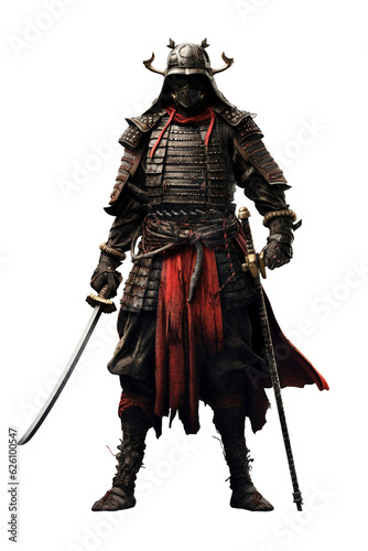 Samurai with kabuto helmet holding a naginata. isolated object, transparent background
