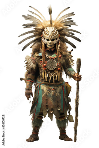 Shaman with tribal mask and totems. isolated object, transparent background