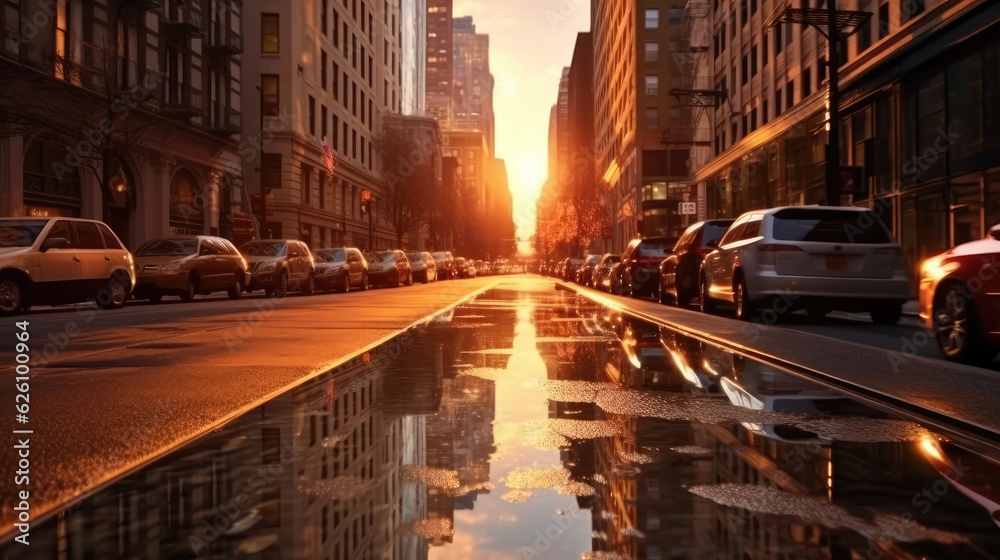 Street in New york city with puddles as reflection effect