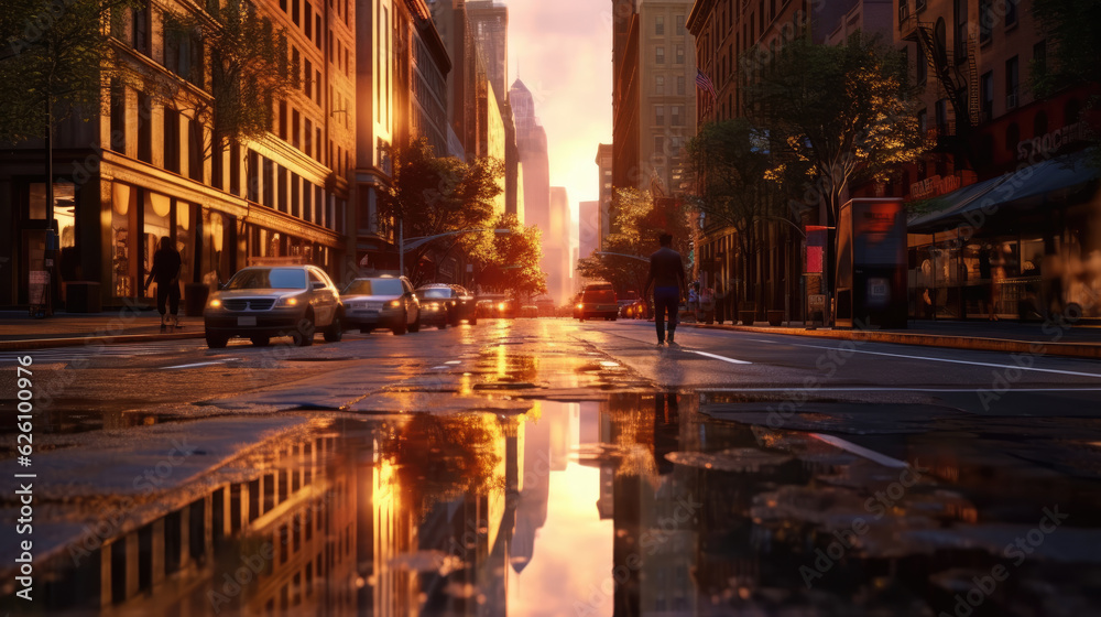 Street in New york city with puddles as reflection effect