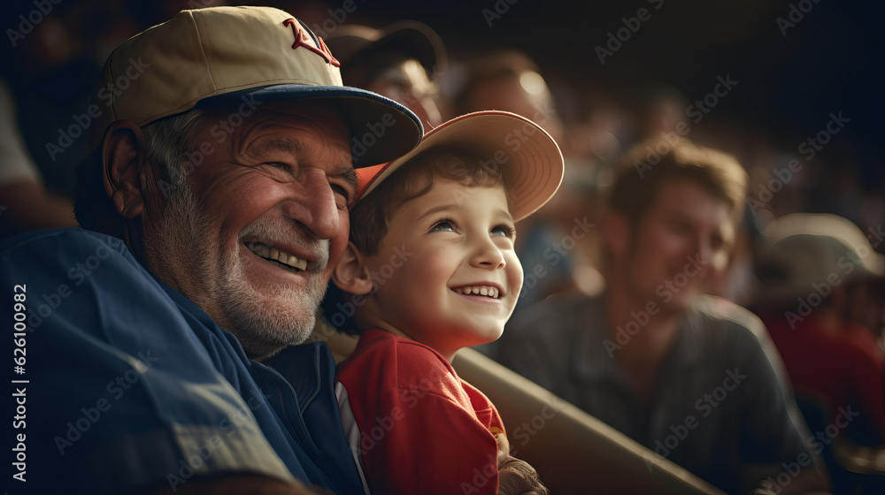 Fototapeta premium Grandfather and Grandson Enjoying a Baseball Game Together in the Stands