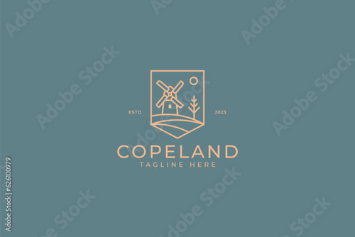 Windmill Abstract Illustration Landscape Village View Badge Logo