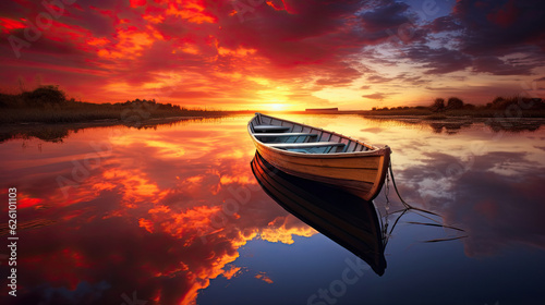 Boat on a lake during a beautiful red sunrise, wide angle, landscape photography © EchoStudios