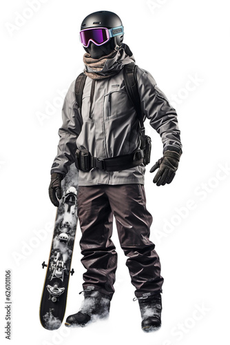 Snowboarder with goggles holding a snowboard. isolated object, transparent background