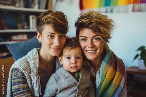 Lesbian couple and their son or daughter in the living room. LGBTQ pride family concept. Digital illustration generative AI.