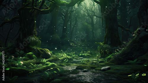 Deep green fantasy forest  beautiful scenery
