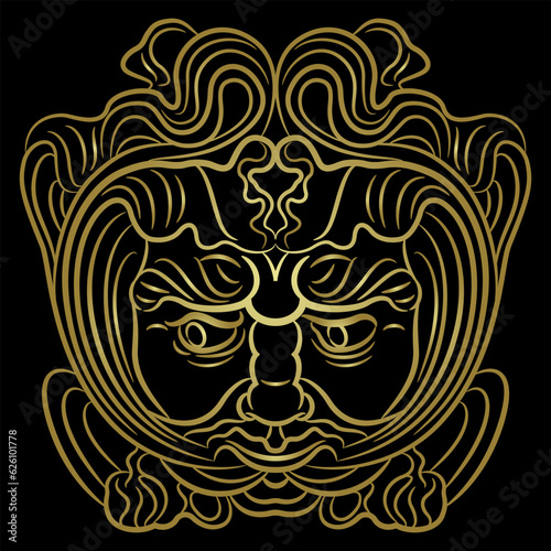 Mask of Green Man from Augsburg  Germany. Medieval Celtic motif. Foliate head of pagan god of nature and vegetation. Golden linear silhouette on black background. Art Nouveau style.