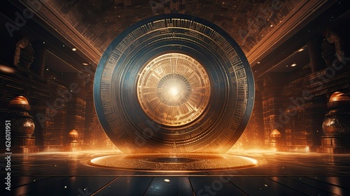 Ancient black and gold gong in a golden palace, meditation visual