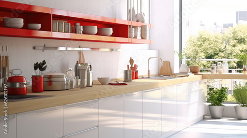 Modern red and white kitchen