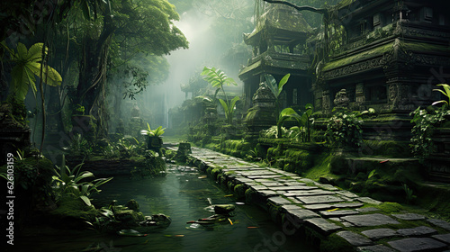 Beautiful green Indonesian landscape  path to temple
