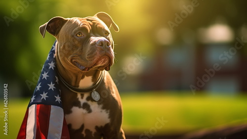 Happy patriotic dog wearing american flag. American education or living concept. Copy space