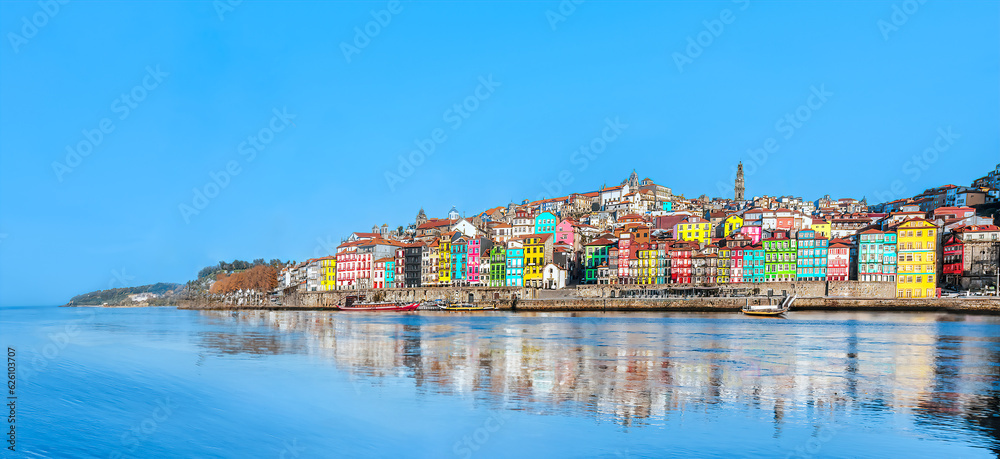 Portugal, Porto - Panoramic view of colorful medieval houses at Douro river bank in Oporto old town - Portuguese landmark city