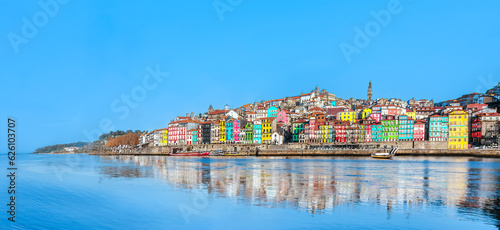 Portugal, Porto - Panoramic view of colorful medieval houses at Douro river bank in Oporto old town - Portuguese landmark city photo