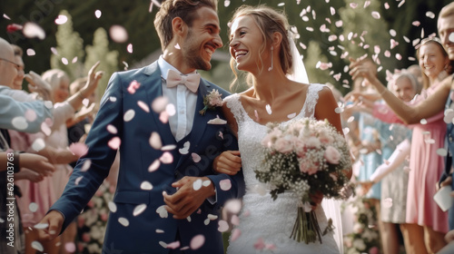 Happy bride at wedding ceremony and people sprinkling flower petals