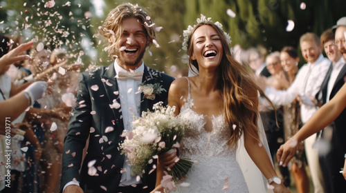 Fotografering Happy bride at wedding ceremony and people sprinkling flower petals