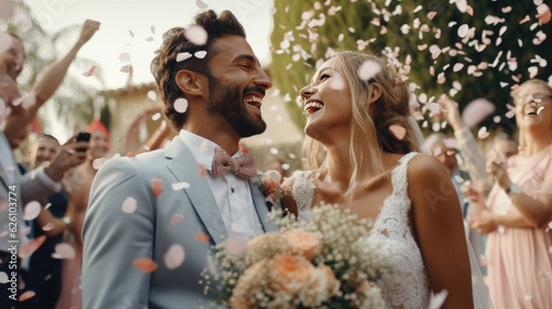 Foto Happy bride at wedding ceremony and people sprinkling flower petals