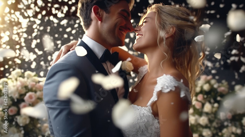Happy bride at wedding ceremony and people sprinkling flower petals