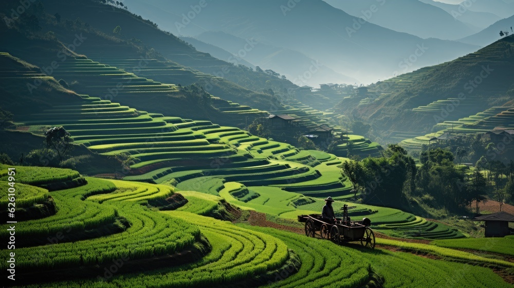 A tranquil scene of Vietnamese rice terraces during harvest season, with hues of golden yellow and emerald green.