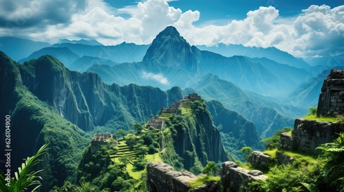 The famous Machu Picchu in Peru, ancient Inca ruins perched high in the Andes, surrounded by green peaks and wispy clouds.