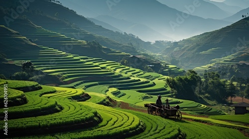 A tranquil scene of Vietnamese rice terraces during harvest season, with hues of golden yellow and emerald green.