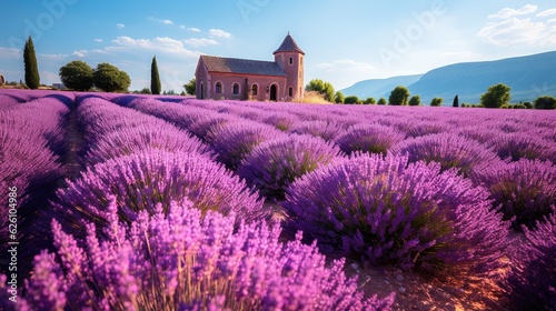 A tranquil Proven    al lavender field in France  with rows of vibrant purple under a bright blue sky.