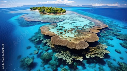 Fototapeta Naklejka Na Ścianę i Meble -  The Australian Great Barrier Reef from above, showcasing a mosaic of coral atolls, turquoise waters, and sandy islets.