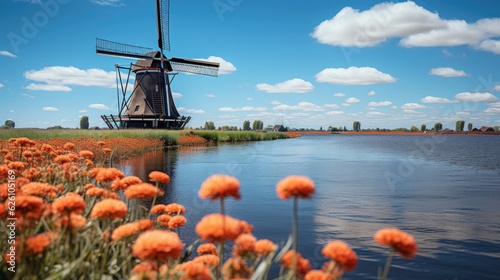 A typical Dutch countryside with iconic windmills  tulip fields in full bloom  and clear canals reflecting the blue sky.