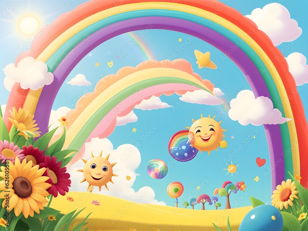Summer vibes concept. cartoon beautiful rainbow showing summertime and a sky background. Summer vibes concept. cartoon beautiful rainbow showing summertime and a sky background.