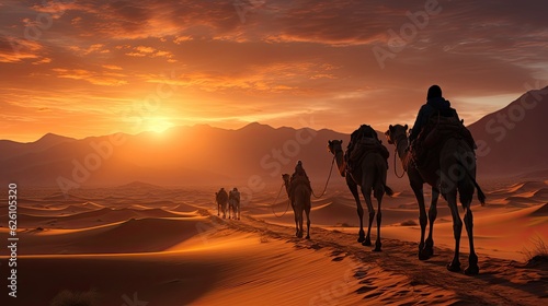 A panoramic view of the Moroccan Sahara desert  with rolling sand dunes and a solitary camel silhouette at sunset.