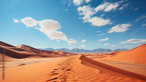 The vast expanse of the Namib Desert in Namibia, with towering red dunes under a clear azure sky.