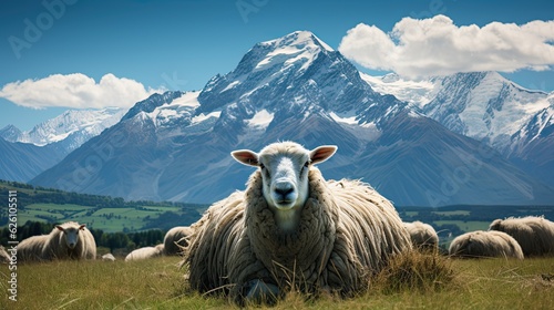 The serene landscape of a New Zealand sheep farm, with rolling green pastures and a backdrop of snow-capped mountains.