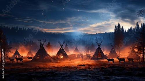 A traditional Sami village in Lapland, with reindeer, snow-covered lavvu tents, and a colorful sky lit by the Northern Lights. photo