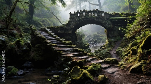 A rugged mountain trail, winding through tall pines and over a moss-covered stone bridge, disappearing into the misty distance.