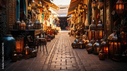 A bustling Moroccan bazaar, filled with vibrant colors from rugs, ceramics, and lanterns, nestled within an ancient medina.