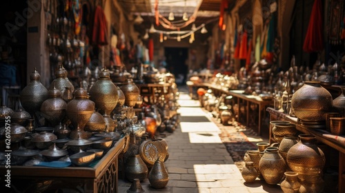 A bustling Moroccan bazaar, filled with vibrant colors from rugs, ceramics, and lanterns, nestled within an ancient medina. © blueringmedia