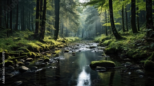 An enchanting forest in Germany's Black Forest region, dense with evergreens and veiled in a light mist.