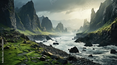 The Irish coastline at dusk, showcasing dramatic cliffs against the backdrop of a stormy Atlantic Ocean.