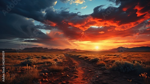 An expansive view of the American Great Plains at dusk  featuring endless wheat fields and a vast  stormy sky.