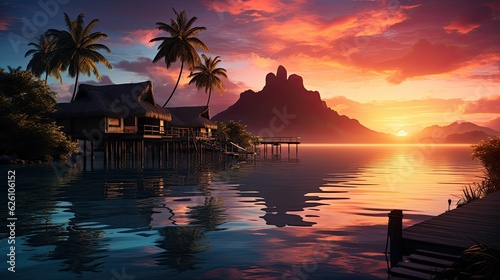 A sunset scene in Bora Bora, with overwater bungalows, a tranquil lagoon, and Mount Otemanu silhouetted against the sky.