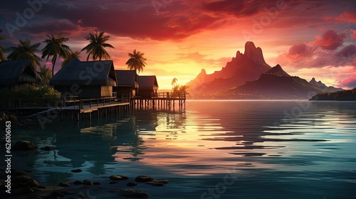 Fototapeta Naklejka Na Ścianę i Meble -  A sunset scene in Bora Bora, with overwater bungalows, a tranquil lagoon, and Mount Otemanu silhouetted against the sky.